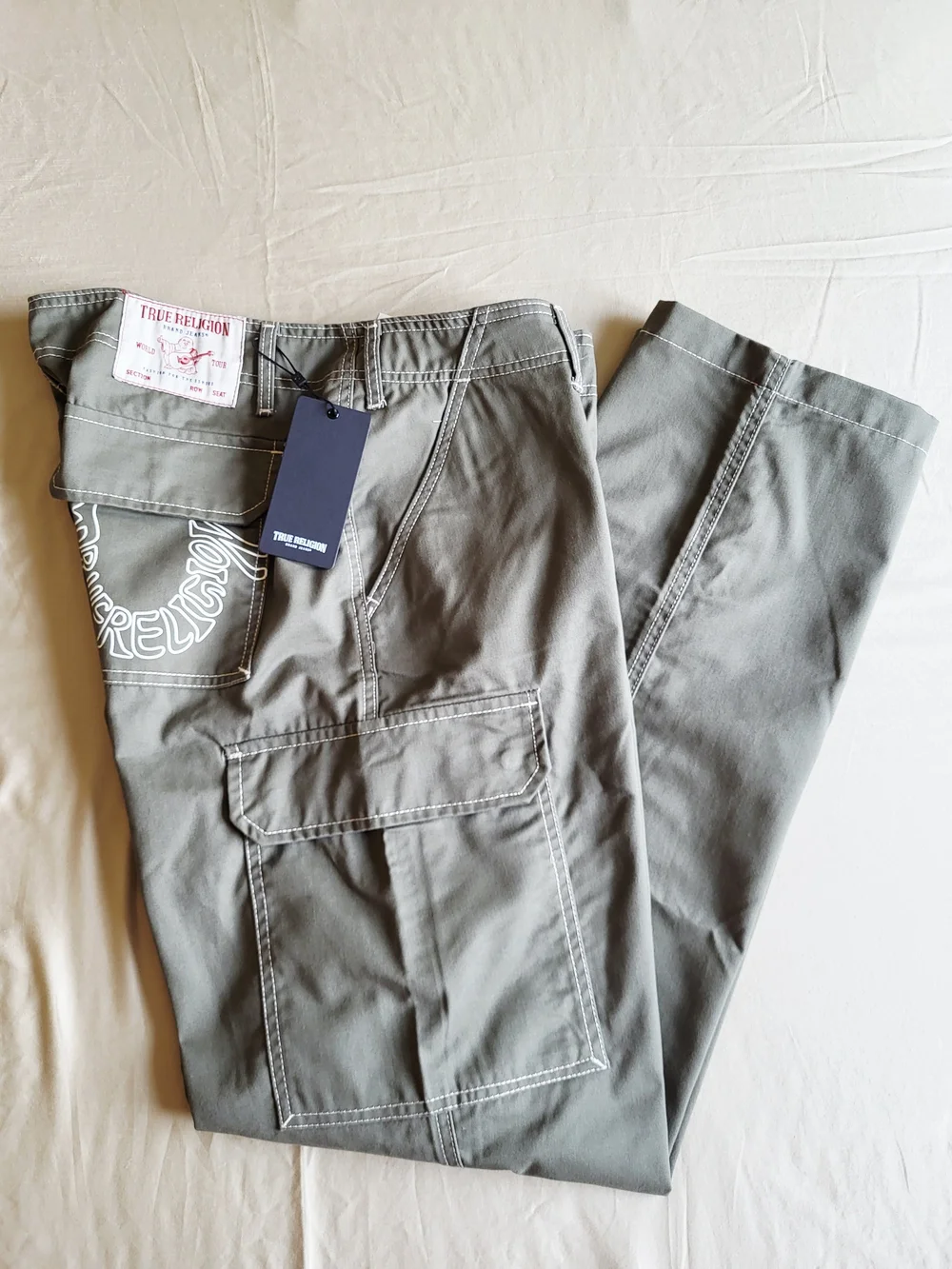 True Religion Cargo Pants Mens Size 36 Kalamata Olive Green Outline Horseshoe